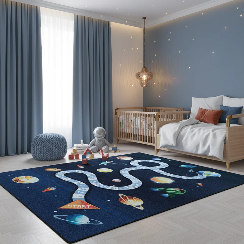 Kinderteppich Flachgewebe Weltraum – Rutschfest & Waschbar für Kinderzimmer