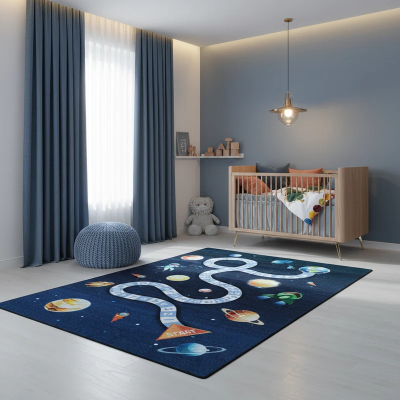 Kinderteppich Flachgewebe Weltraum – Rutschfest & Waschbar für Kinderzimmer