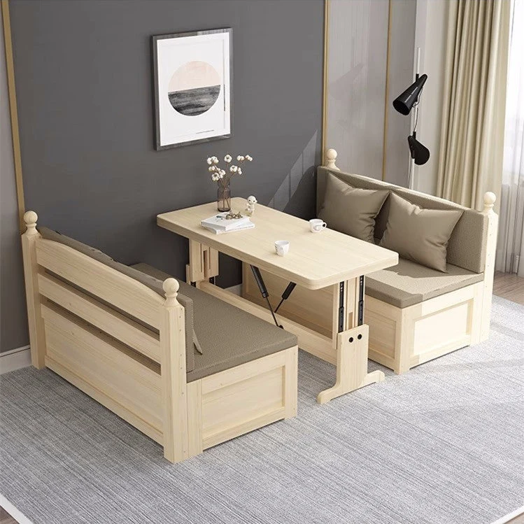 Standbänke aus massivem Kiefernholz mit Hubtisch-Set