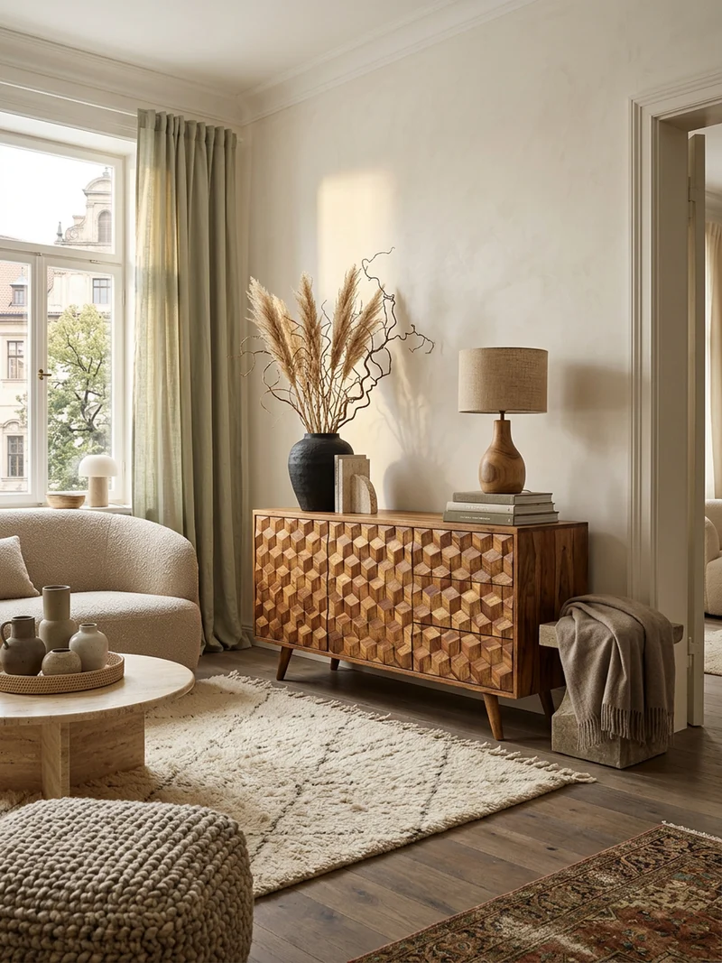 Sideboard – Massivholz, 138x76x45 cm, mit Türen und Schubladen