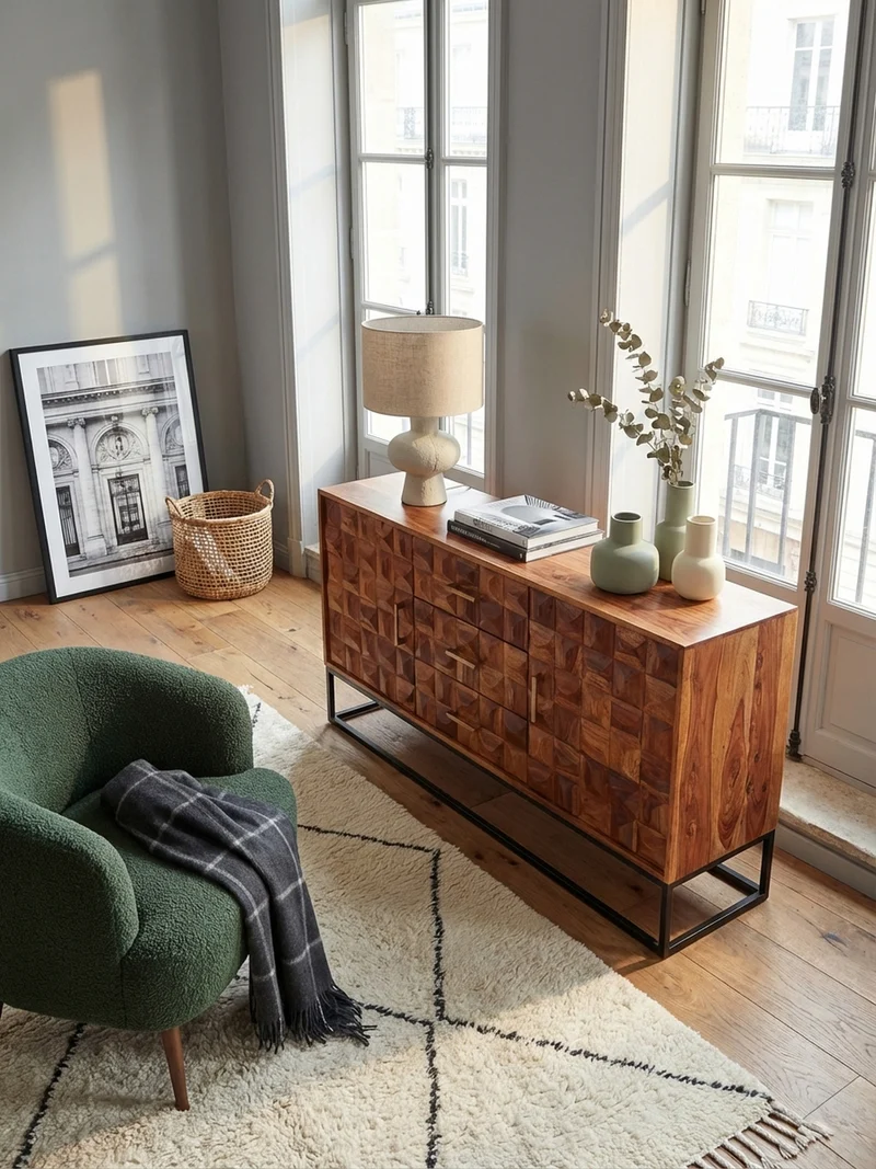 Sideboard – Massivholz, 145x81x45 cm, Industrial-Stil, Metallgestell