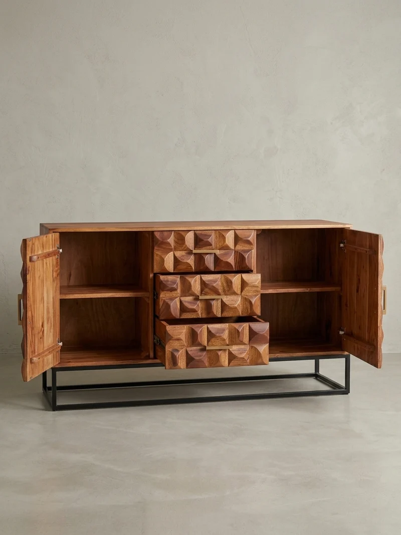 Sideboard – Massivholz, 145x81x45 cm, Industrial-Stil, Metallgestell