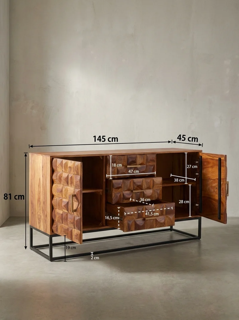 Sideboard – Massivholz, 145x81x45 cm, Industrial-Stil, Metallgestell