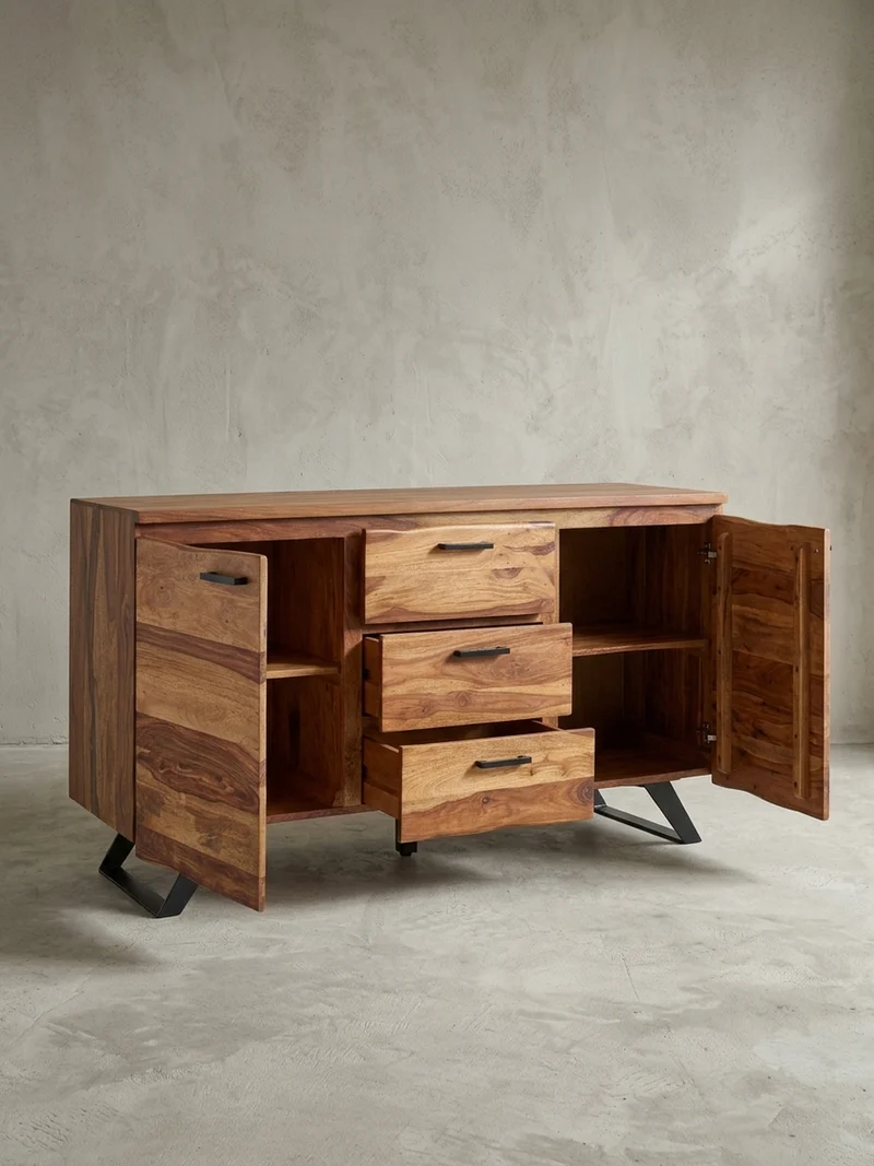 Sideboard – Massivholz, 145x82x45 cm, mit Baumkante, Metallgestell