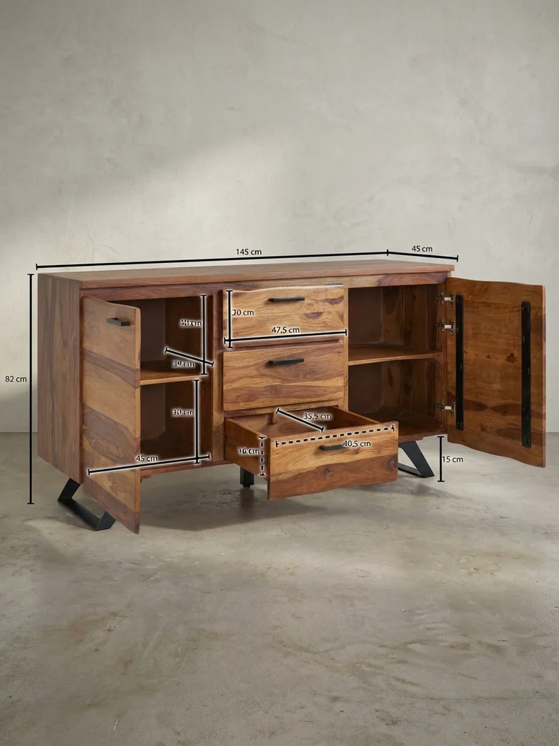 Sideboard – Massivholz, 145x82x45 cm, mit Baumkante, Metallgestell