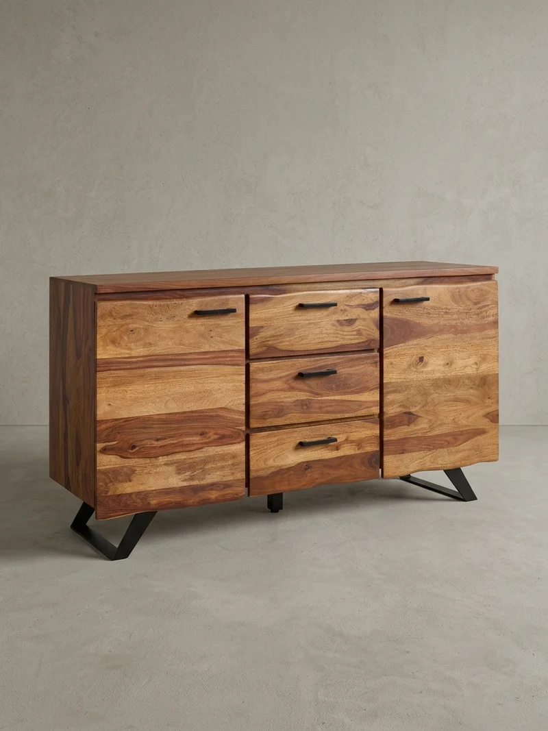 Sideboard – Massivholz, 145x82x45 cm, mit Baumkante, Metallgestell