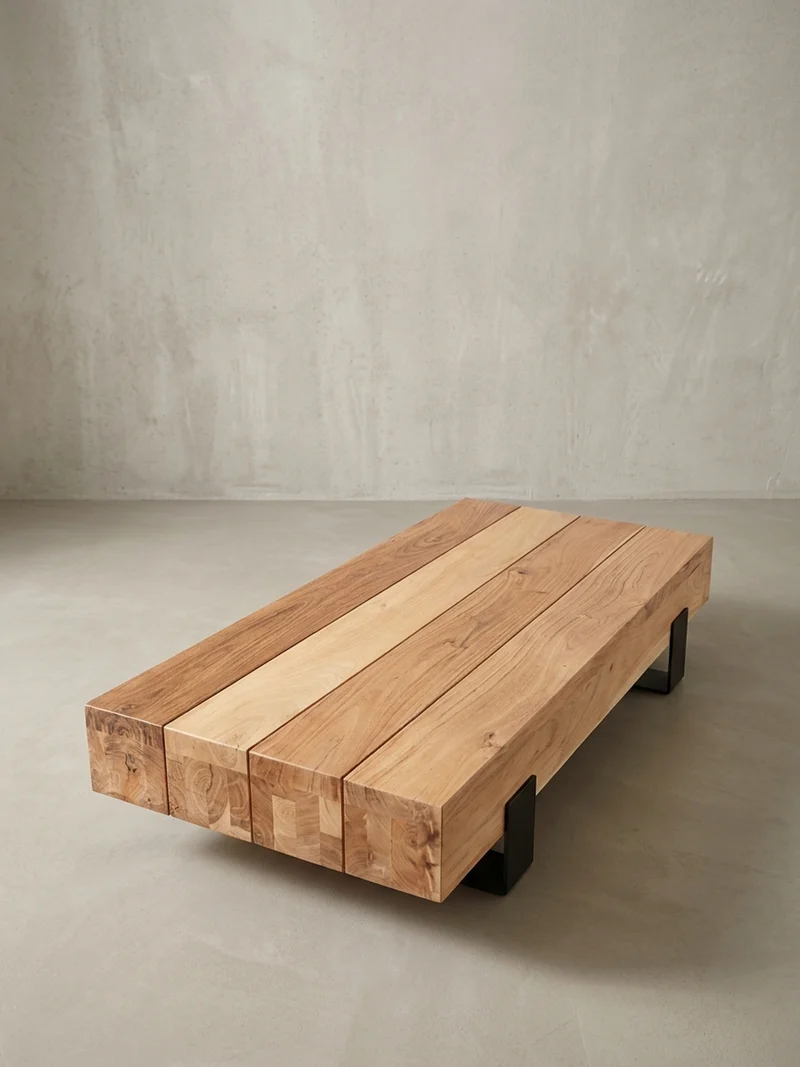 Couchtisch Industrie-Stil in Akazienholz und Schwarz Metall, Maße 130x25x59 cm