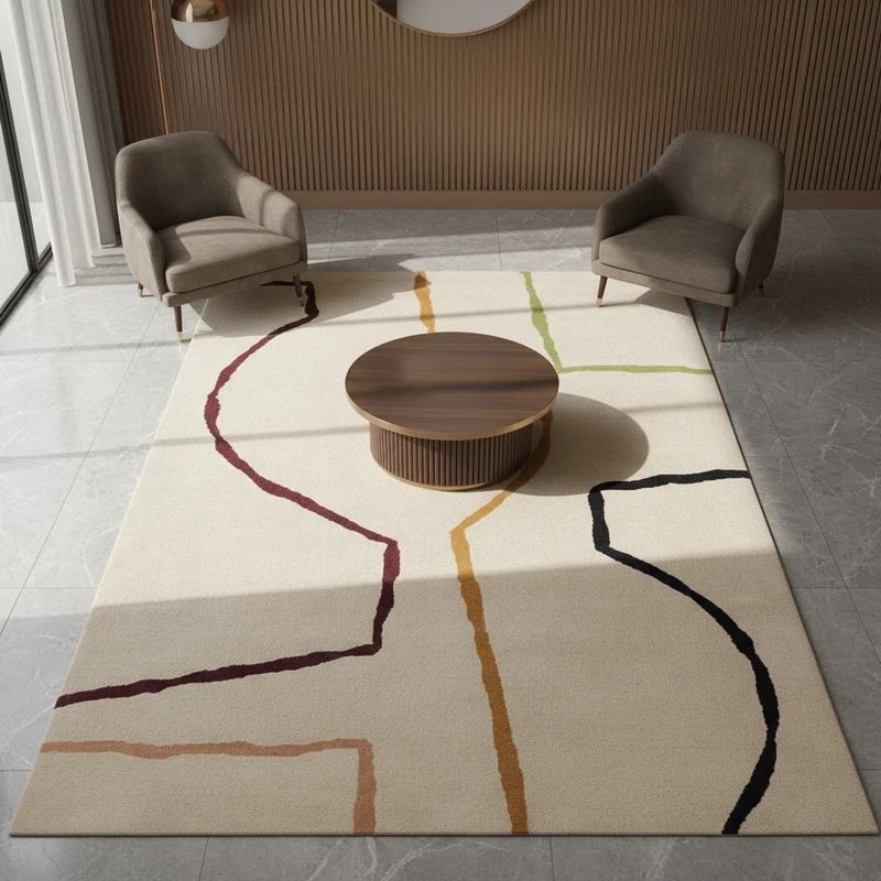 Teppich Schurwolle handgetuftet mit Linienmuster Beige/Bunt