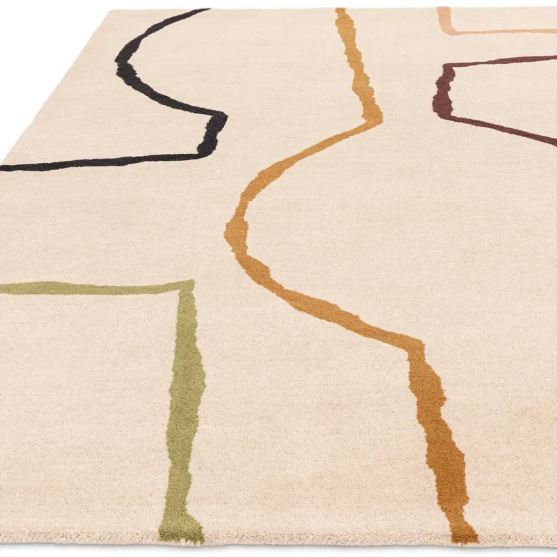 Teppich Schurwolle handgetuftet mit Linienmuster Beige/Bunt