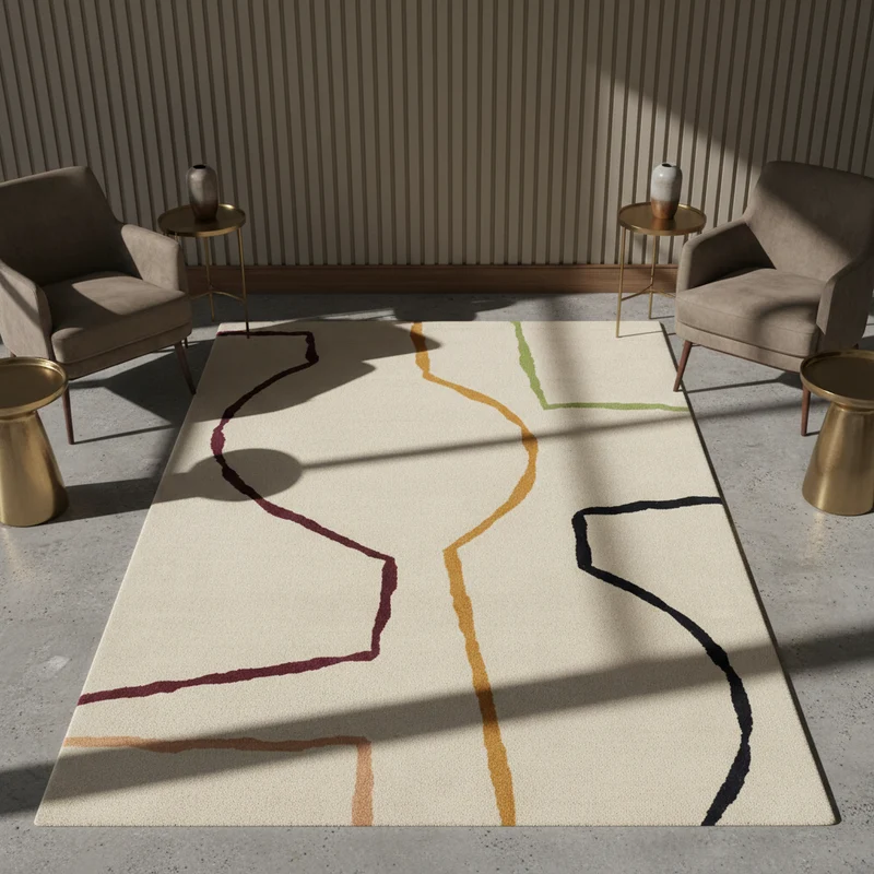 Teppich Schurwolle handgetuftet mit Linienmuster Beige/Bunt