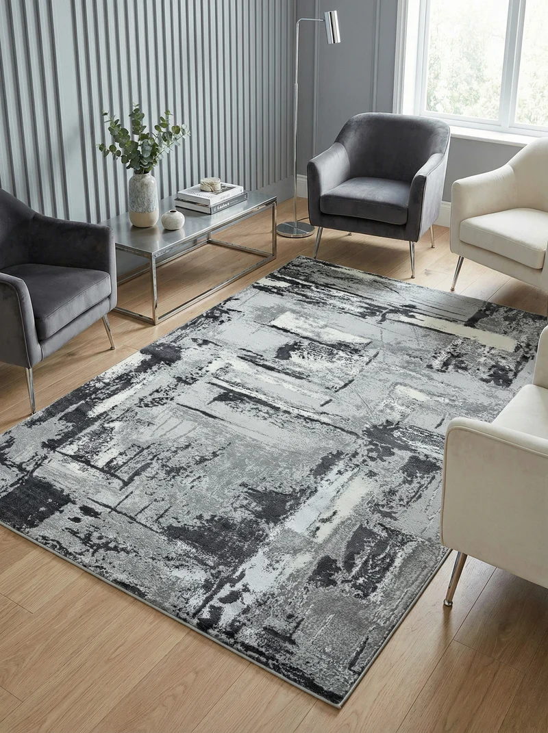 Teppich Velours abstrakt mit Metallic-Akzenten Stadtmuster pflegeleicht Grautöne