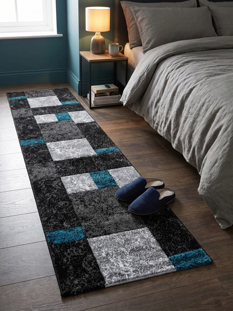 Kurzflor-Teppich Karofelder – Waschbar | Großflächiges Karo-Design | Frisée-Garn für Lebendige Textur