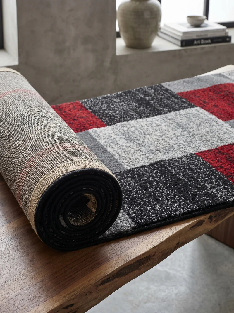 Kurzflor-Teppich Karofelder – Waschbar | Großflächiges Karo-Design | Frisée-Garn für Lebendige Textur