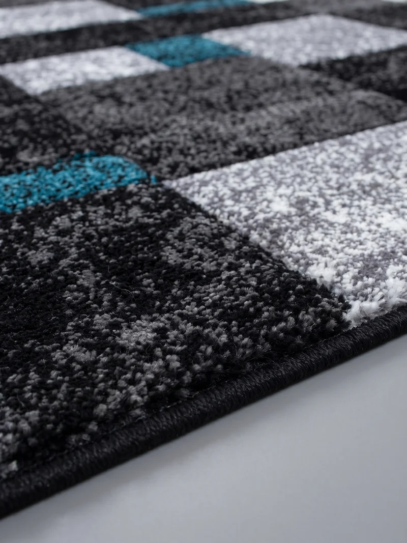 Kurzflor-Teppich Karofelder – Waschbar | Großflächiges Karo-Design | Frisée-Garn für Lebendige Textur