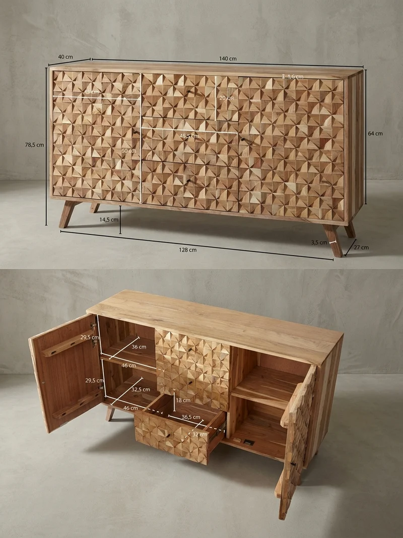 Sideboard –, Akazie Massivholz, 140x78,5x40 cm, Landhausstil, 3 Schubladen, 2 Türen