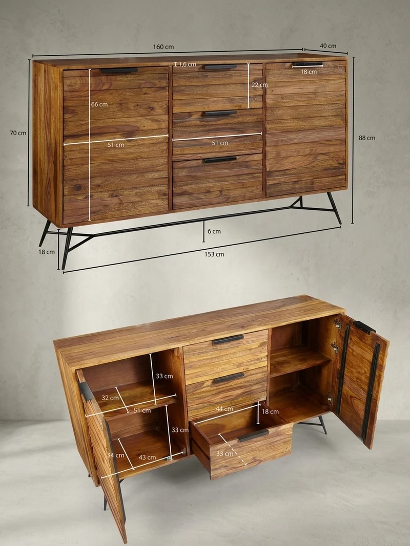 Sideboard –, Massivholz, 160x40x88 cm, Industrial-Stil