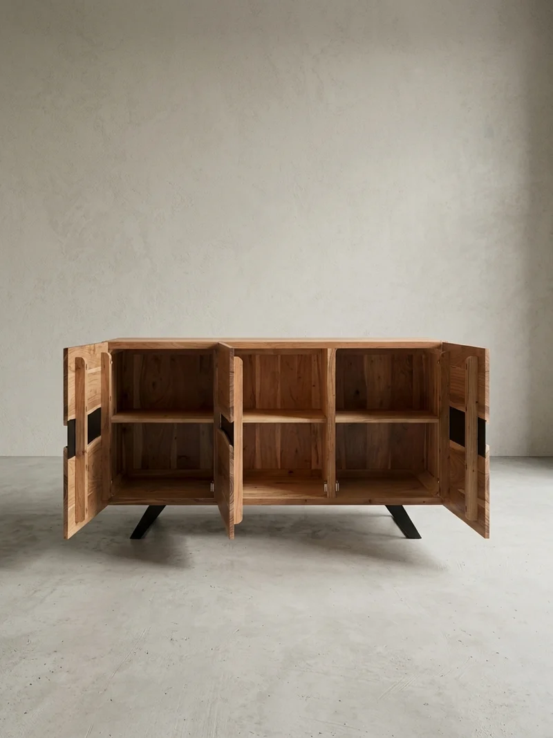 Sideboard – Akazie Massivholz, 148x85x43 cm, Baumkante, Landhausstil, breit