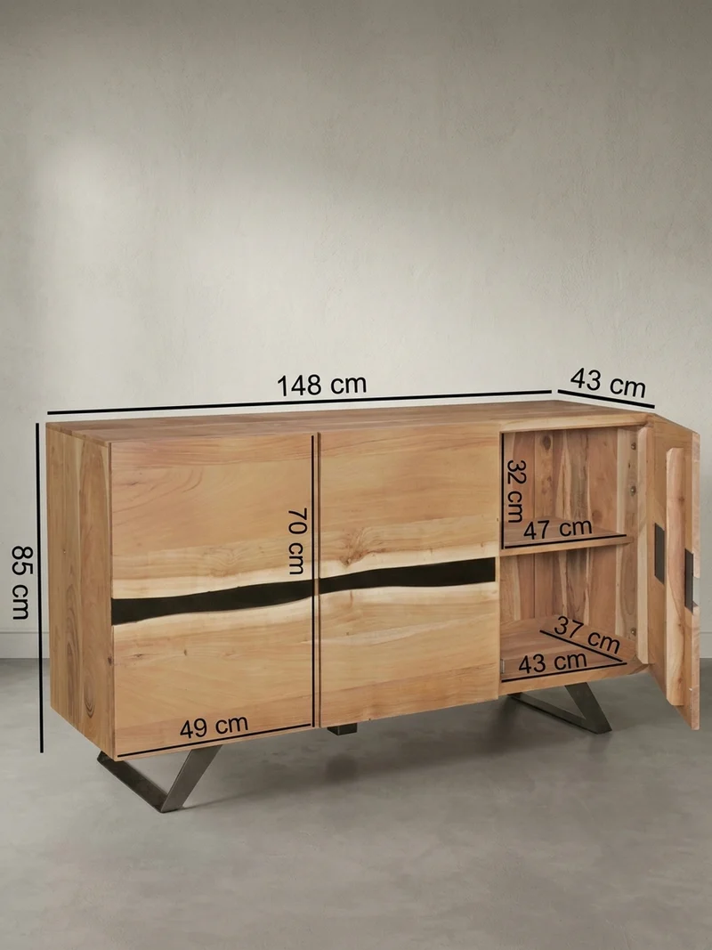 Sideboard – Akazie Massivholz, 148x85x43 cm, Baumkante, Landhausstil, breit
