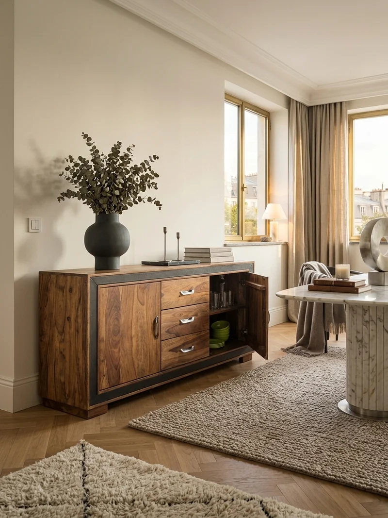 Sideboard – Massivholz, Kunstleder, 160x44x80 cm, rustikal