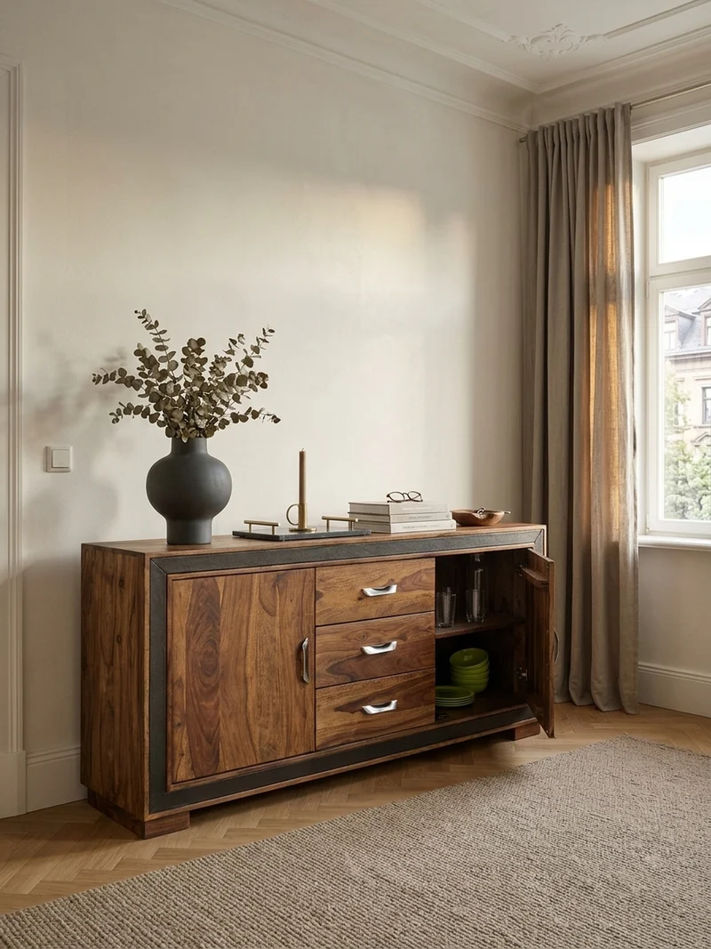Sideboard – Massivholz, Kunstleder, 160x44x80 cm, rustikal