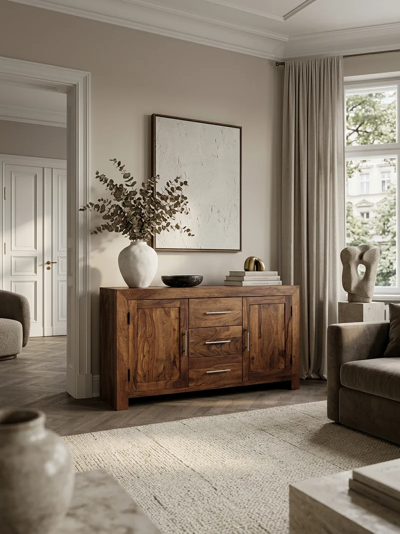 Sideboard – Massivholz, 3 Schubladen, 2 Türen, Landhausstil
