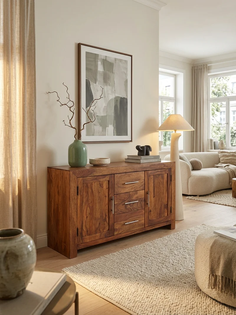 Sideboard – Massivholz, 3 Schubladen, 2 Türen, Landhausstil