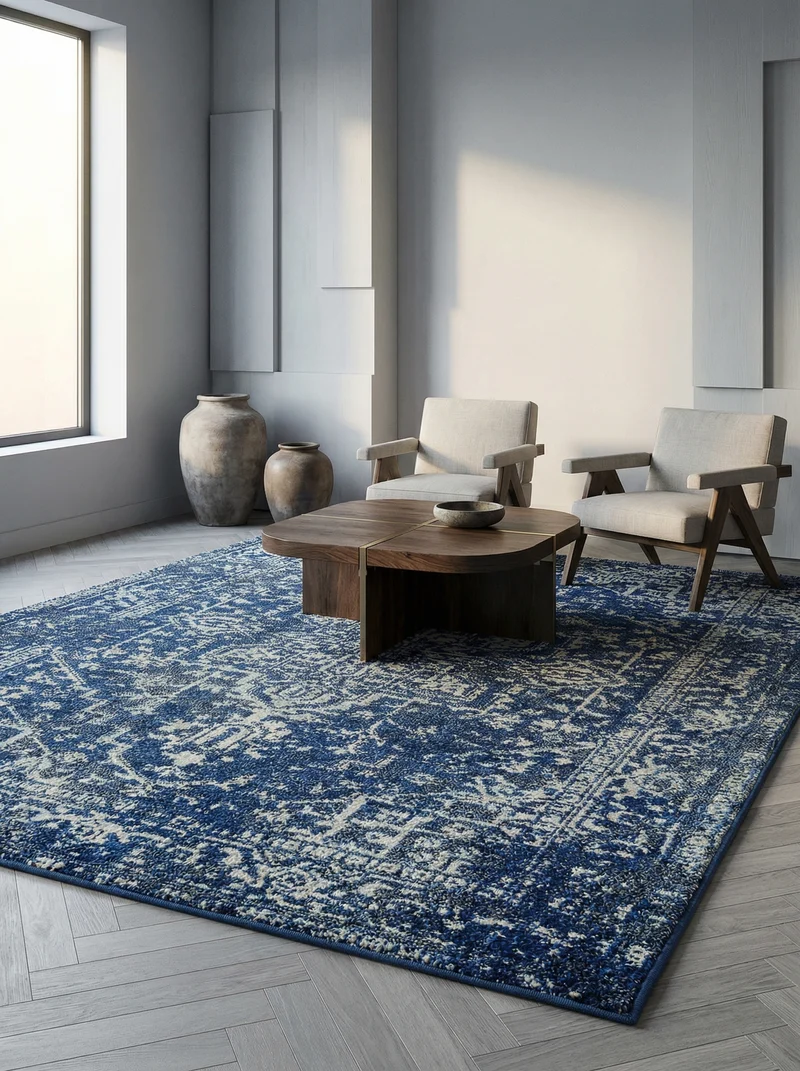 Teppich Kunstfaser kurzflor vintage orientalisch Silbergrau/Dunkelblau