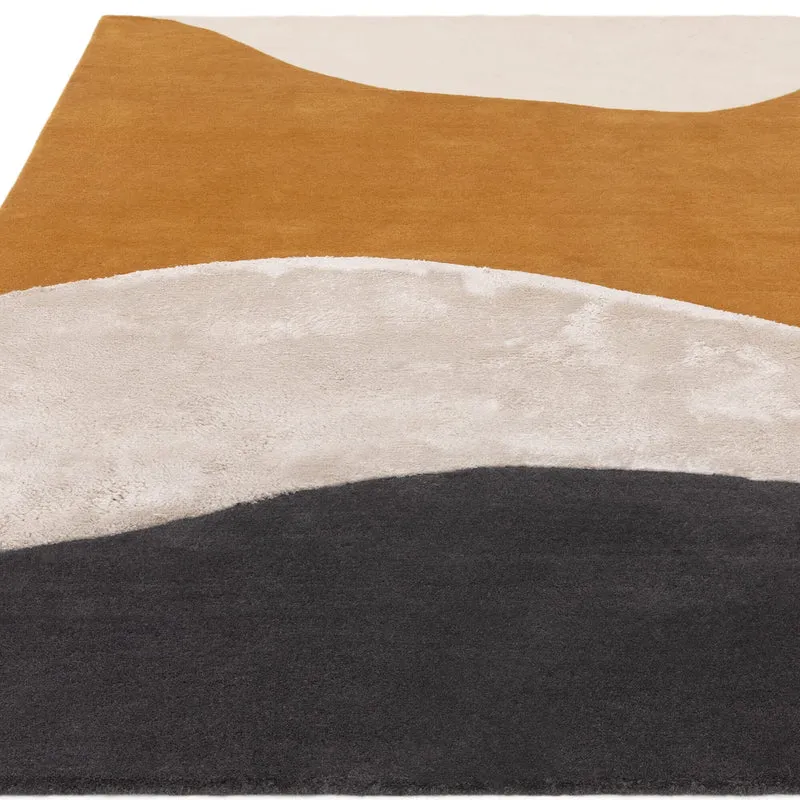 Teppich Wolle handgetuftet hoch-tief abstrakte Landschaft schalldämpfend Ocker/Creme/Schwarz