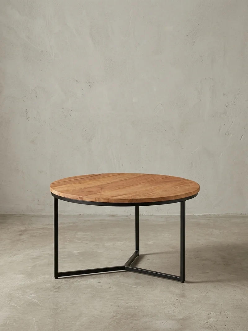 Couchtisch aus Akazienholz mit robustem Eisengestell und integriertem Stauraum, elegantes Design