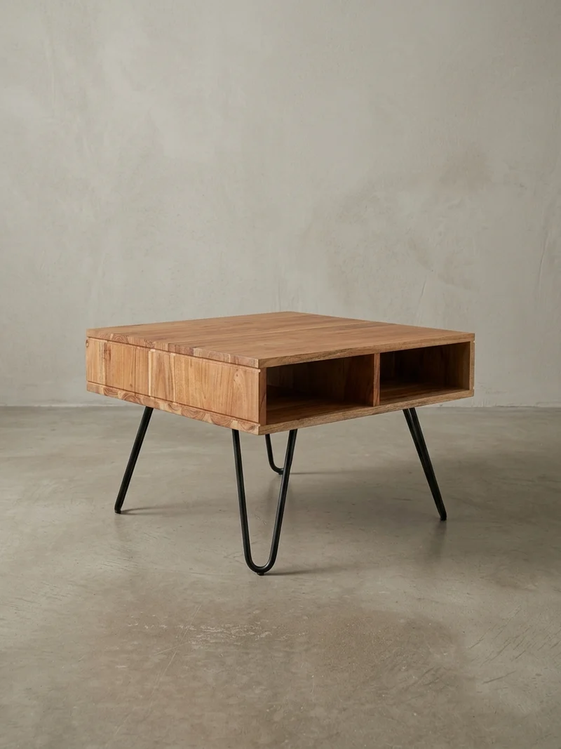 Couchtisch aus massivem Akazienholz mit Metallgestell und Stauraum im modernen Design