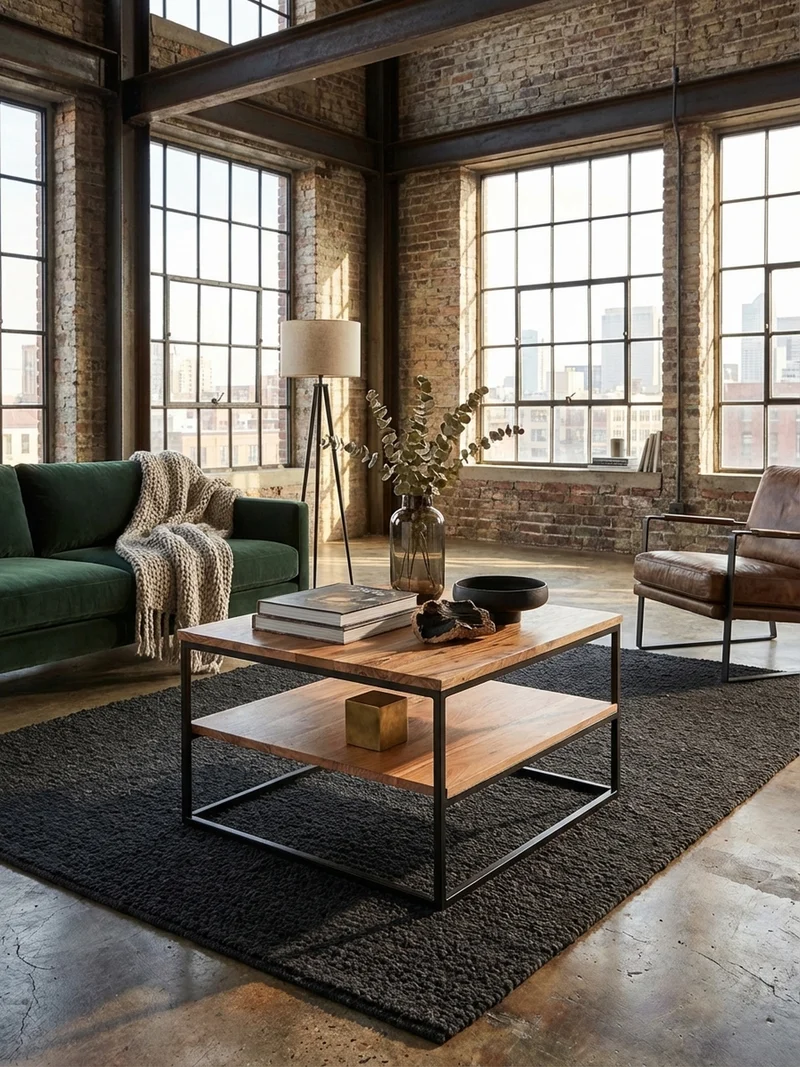 Couchtisch Industrial, Akazienholz mit Metallbeinen, platzsparend, handgefertigt, zwei Ablageflächen