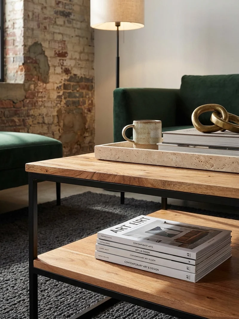 Couchtisch Industrial, Akazienholz mit Metallbeinen, platzsparend, handgefertigt, zwei Ablageflächen