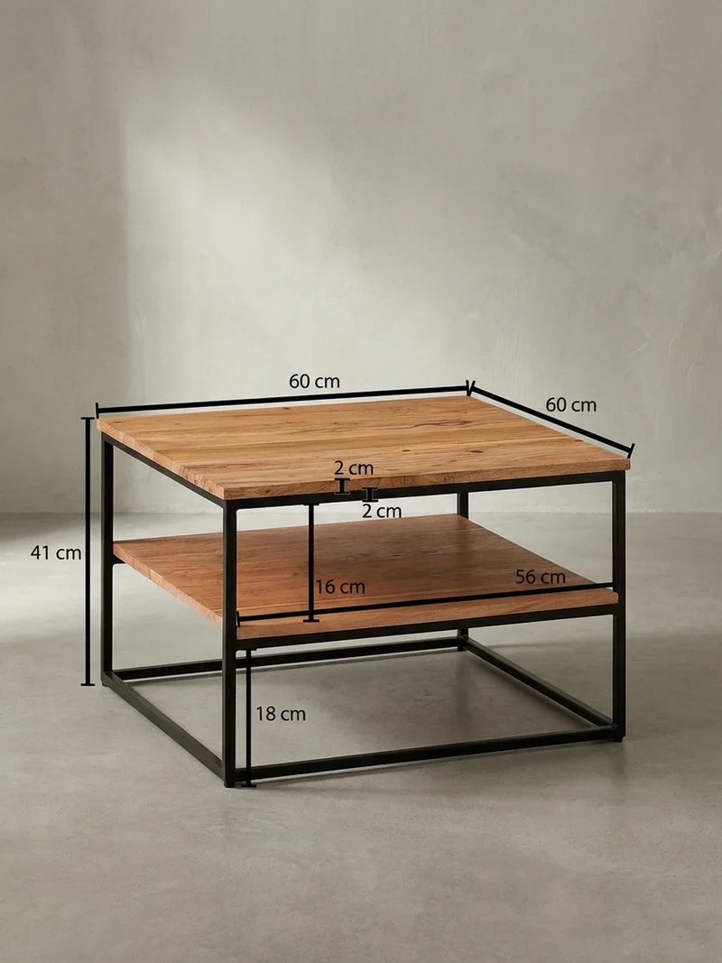Couchtisch Industrial, Akazienholz mit Metallbeinen, platzsparend, handgefertigt, zwei Ablageflächen