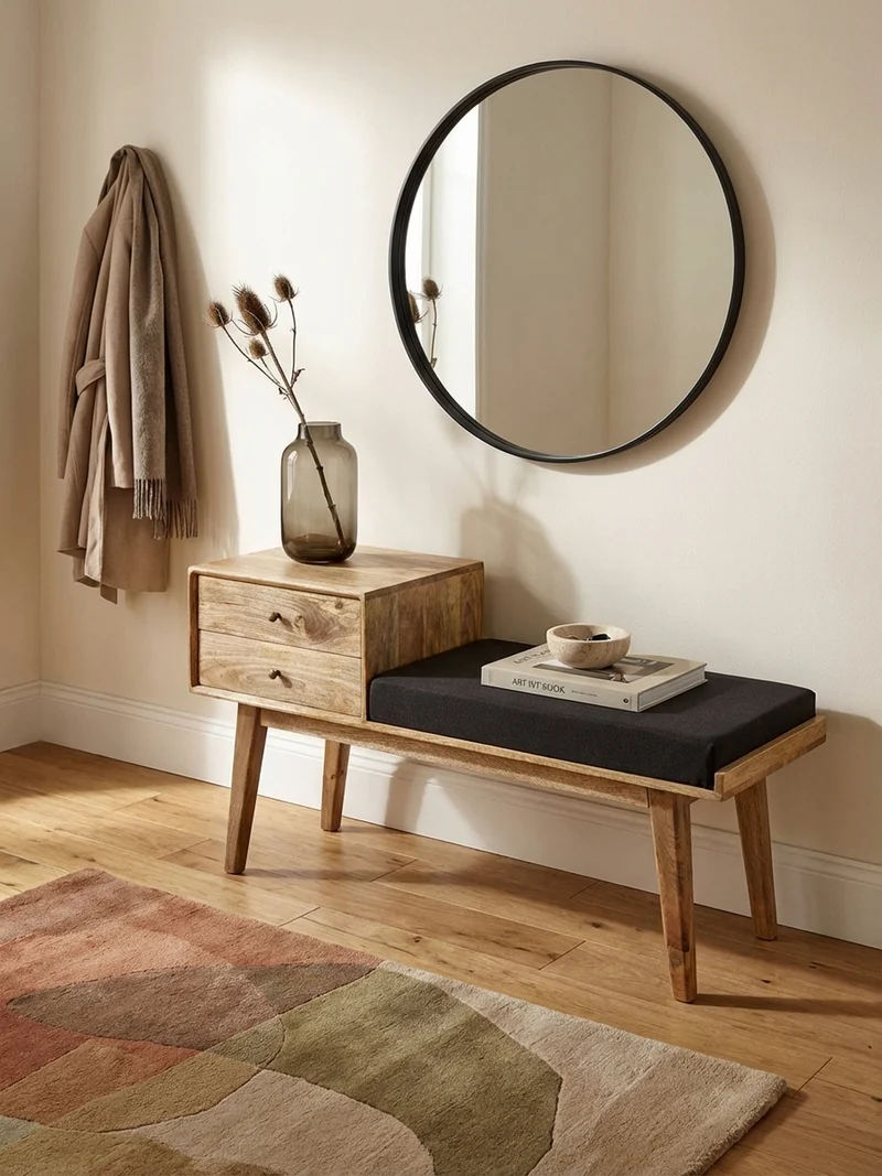 Sitzbank – Mango Holz, Schwarz, Schubladen, Retro-Stil