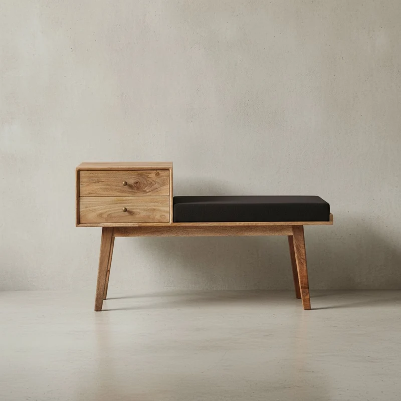 Sitzbank – Mango Holz, Schwarz, Schubladen, Retro-Stil