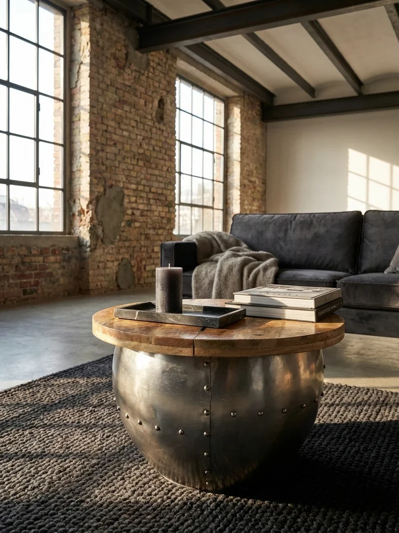 Couchtisch Rund in Braun, Massivholz und Metall, Industrial-Stil mit Stauraum