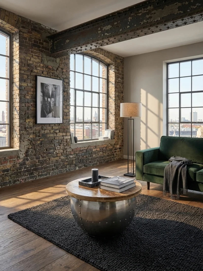 Couchtisch Rund in Braun, Massivholz und Metall, Industrial-Stil mit Stauraum