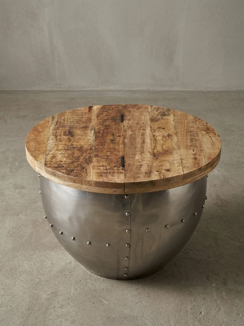 Couchtisch Rund in Braun, Massivholz und Metall, Industrial-Stil mit Stauraum
