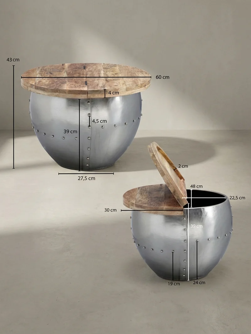 Couchtisch Rund in Braun, Massivholz und Metall, Industrial-Stil mit Stauraum