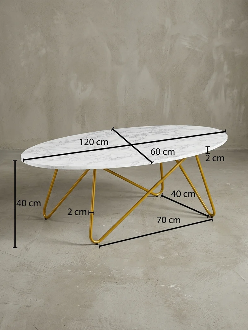 Couchtisch Oval in Marmor-Optik mit goldfarbenem Gestell, Maße 120x40x60 cm