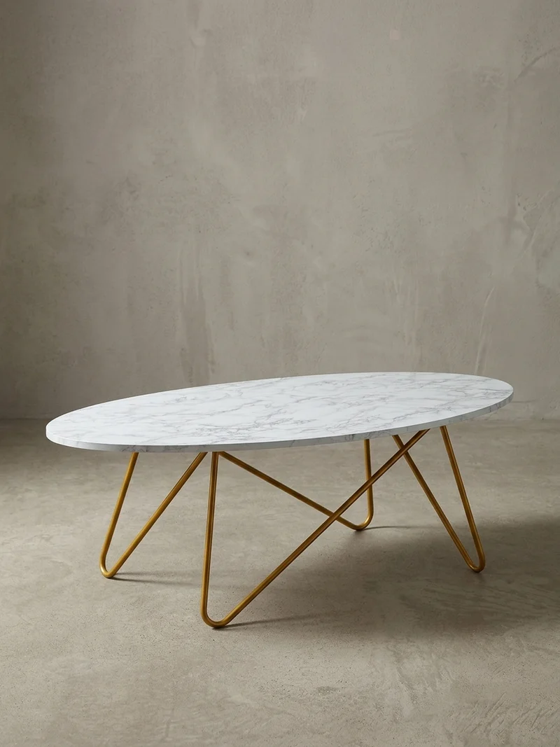 Couchtisch Oval in Marmor-Optik mit goldfarbenem Gestell, Maße 120x40x60 cm