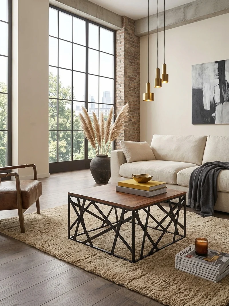 Couchtisch Industrial Stil, Sheesham Holz, Schwarzes Metallgestell, 60x60 cm