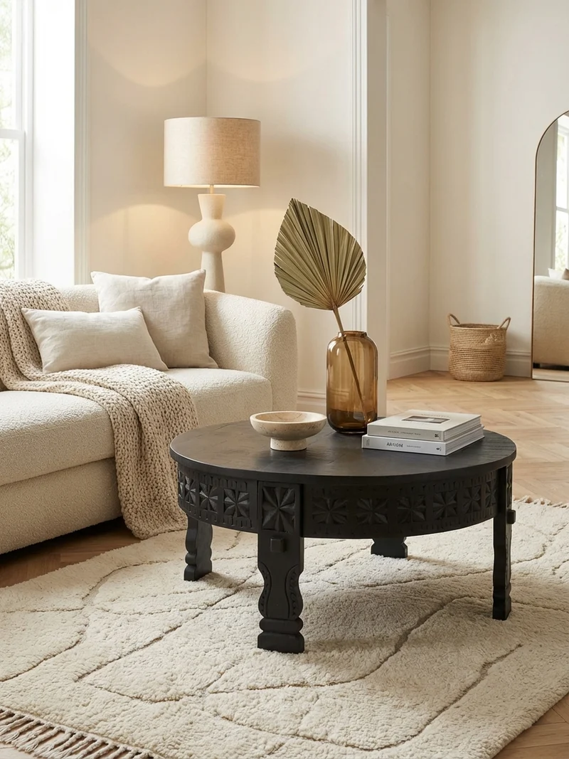 Couchtisch Massivholz Schwarz Lackiert, Orientalisches Design, Handgefertigt