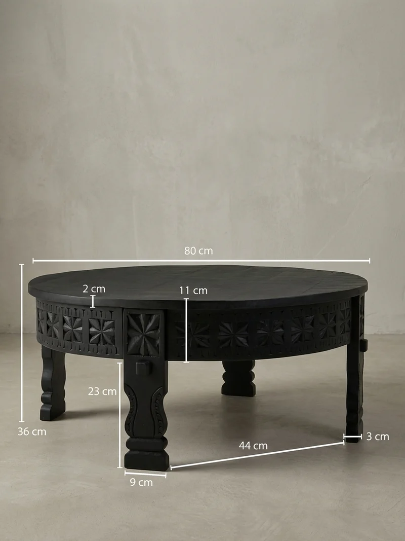 Couchtisch Massivholz Schwarz Lackiert, Orientalisches Design, Handgefertigt