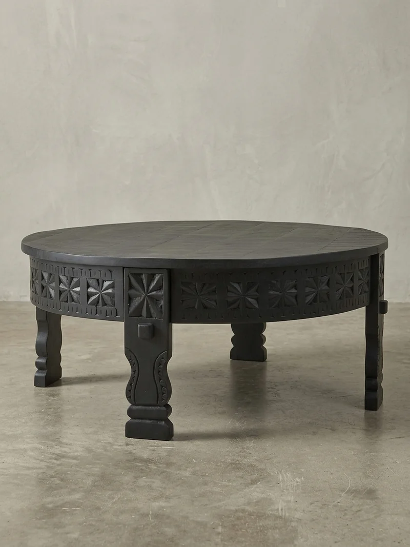 Couchtisch Massivholz Schwarz Lackiert, Orientalisches Design, Handgefertigt
