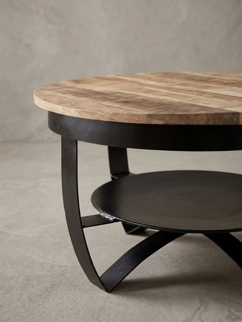 Couchtisch in Braun/Schwarz, Industrieller Stil, aus Recyceltem Mango-Massivholz