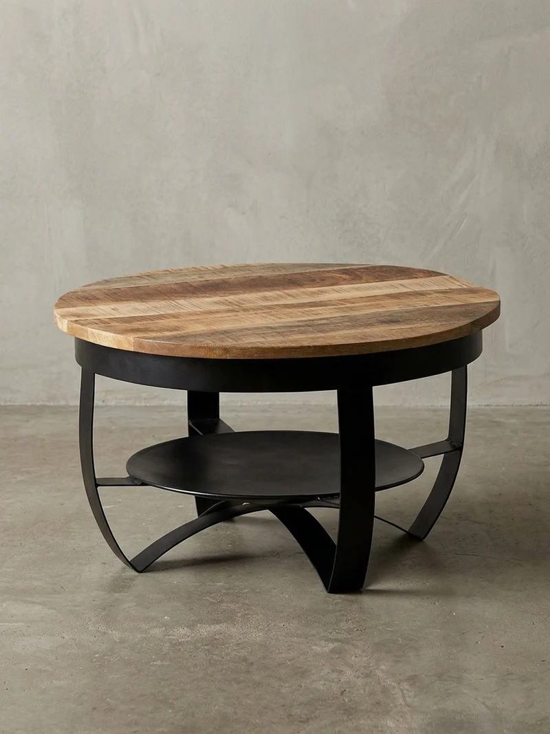 Couchtisch in Braun/Schwarz, Industrieller Stil, aus Recyceltem Mango-Massivholz