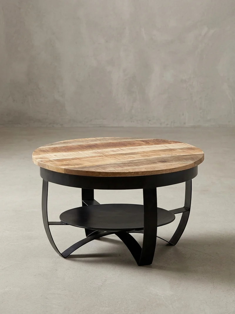 Couchtisch in Braun/Schwarz, Industrieller Stil, aus Recyceltem Mango-Massivholz