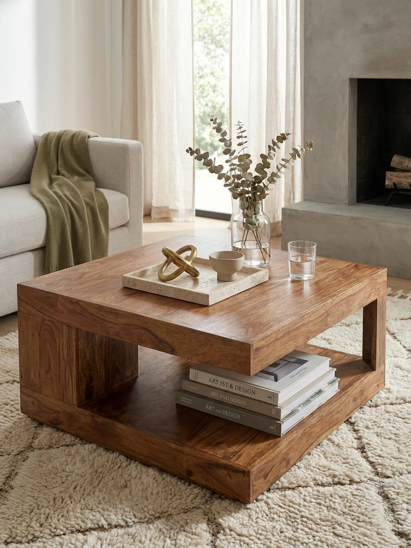 Couchtisch Sheesham Massivholz, Quadratisch, Maße 90x90 cm, Einzigartiges Unikat