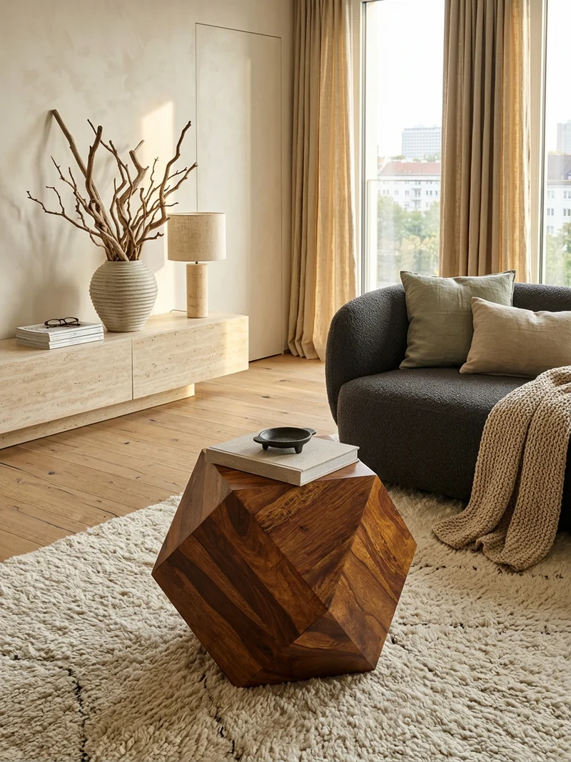 Couchtisch aus Sheeshamholz im Diamant-Design, Maße 57x42,5x57 cm, Belastbarkeit 30 kg